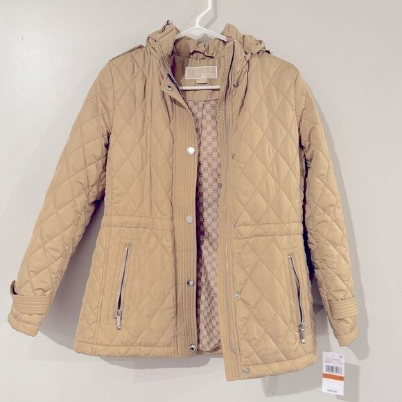 MICHAEL KORS Women Petite Quilted Hooded Anorak Coat Belted Jacket camel… - Picture 2 of 7